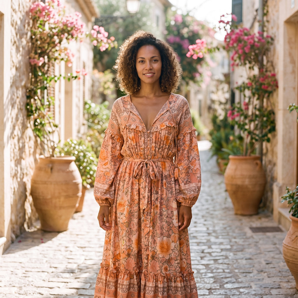Robe longue bohème fleurie orange manches longues portée par un modèle souriant
