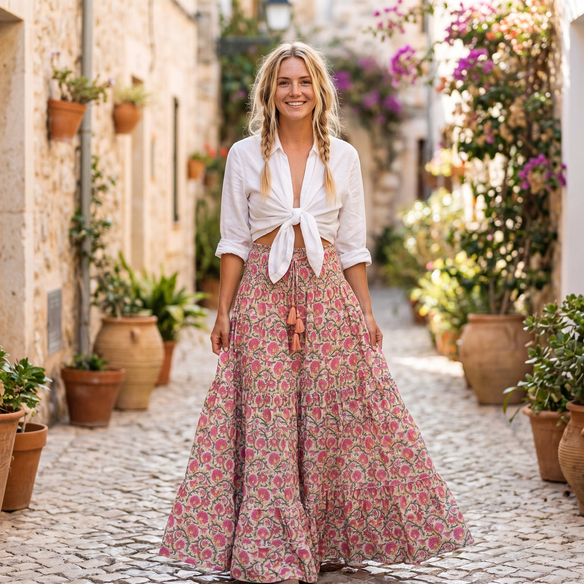Jupe longue bohème fleurie rose portée par un modèle souriant