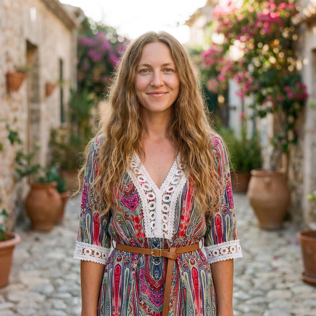 Modèle souriante portant la robe-tunique bohème rose à parementure dentelle