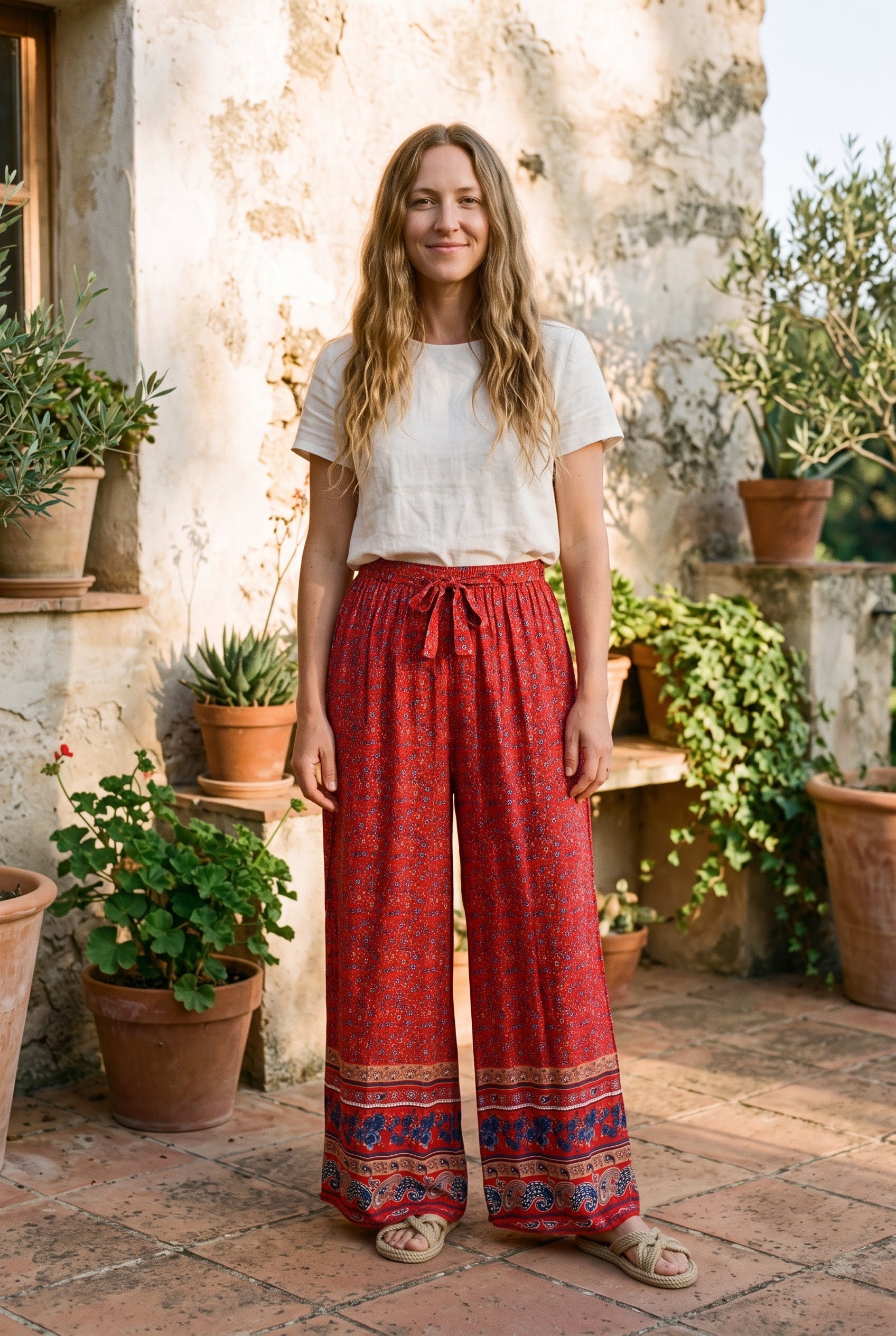 Pantalon hippie femme rouge fluide jambe large porté, bordure paisley, ambiance bohème Bild
