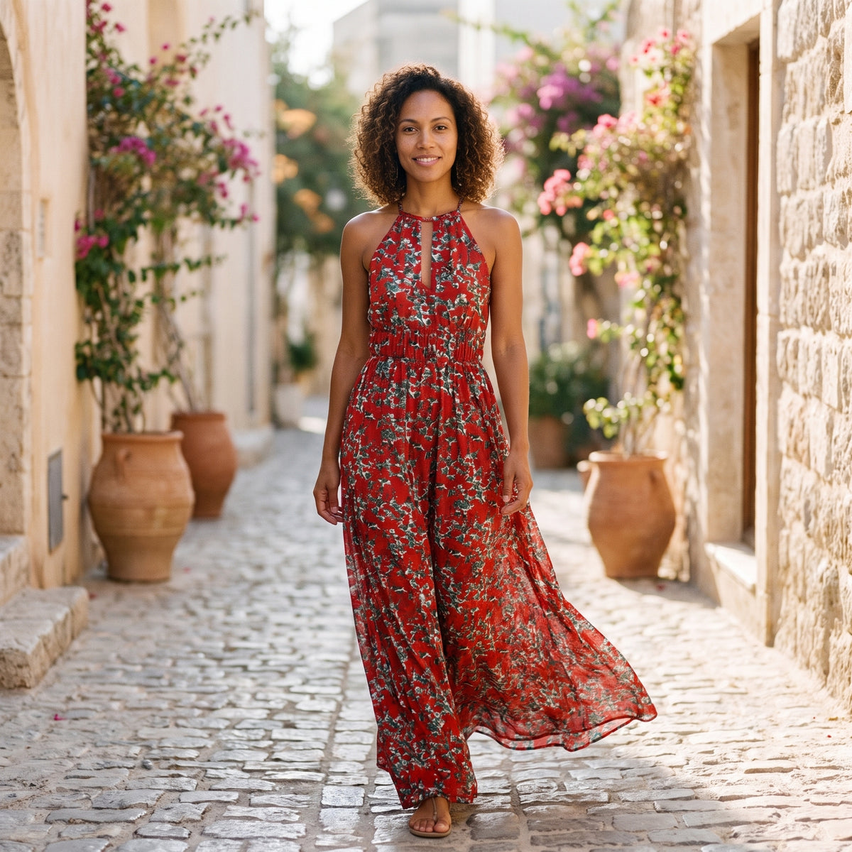 Combinaison bohème rouge portée par un modèle souriant