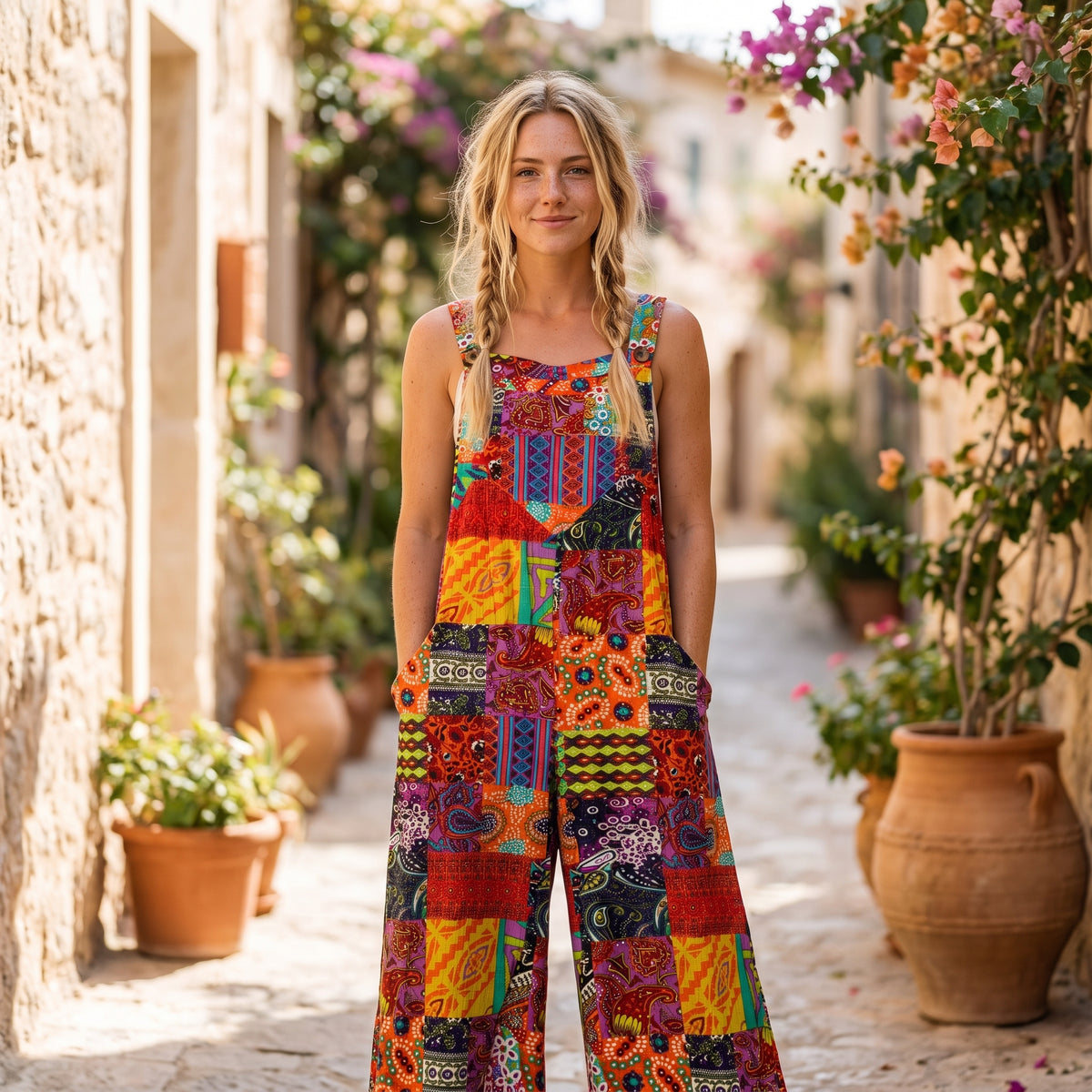 Salopette large bohème patchwork rouge portée par un modèle souriant Bild
