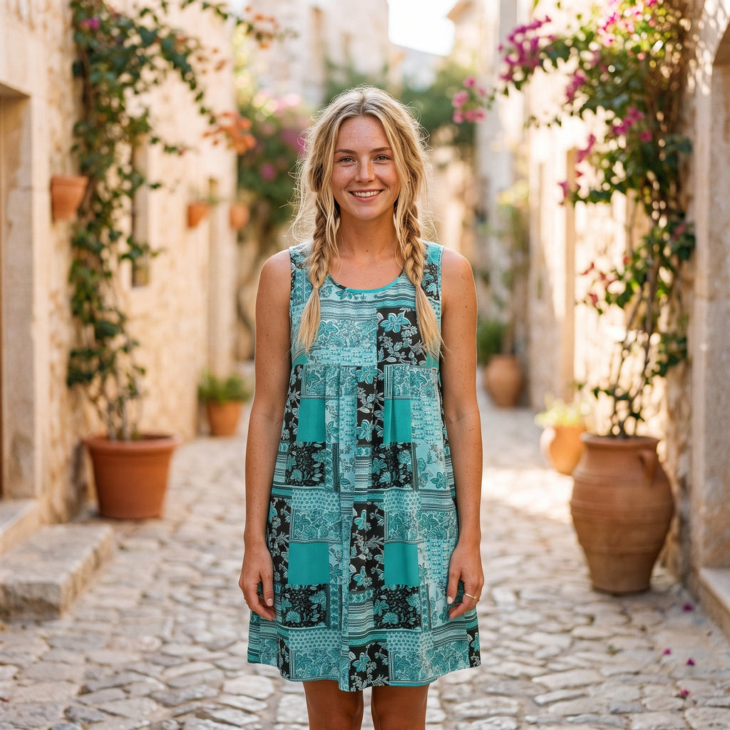 Robe tunique courte bohème patchwork turquoise portée par un modèle souriant