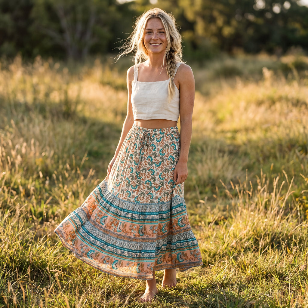 Jeune femme souriante portant la jupe hippie femme en coton floral turquoise et corail, champ au coucher du soleil