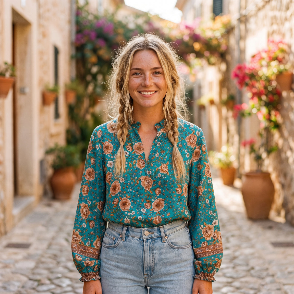 Blouse hippie fleurie verte à manches ballon portée par un modèle souriant