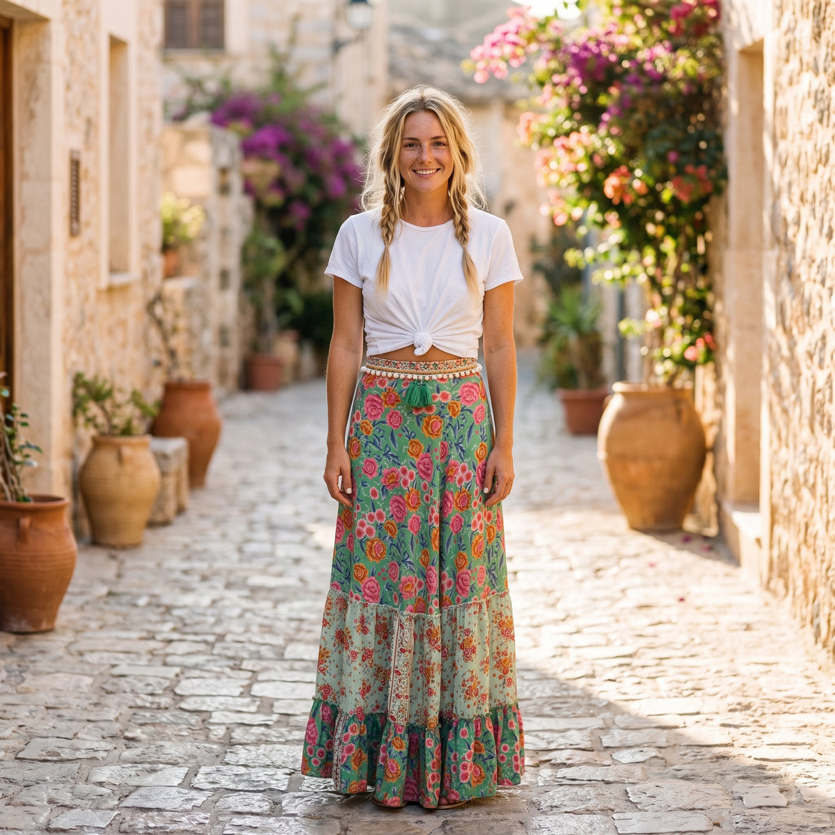 Jupe longue bohème fleurie verte portée par un modèle souriant