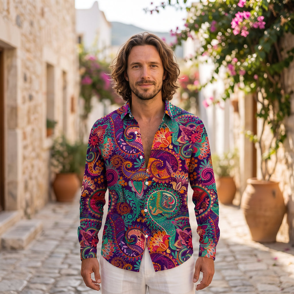 Chemise hippie homme violette portée par un modèle souriant
