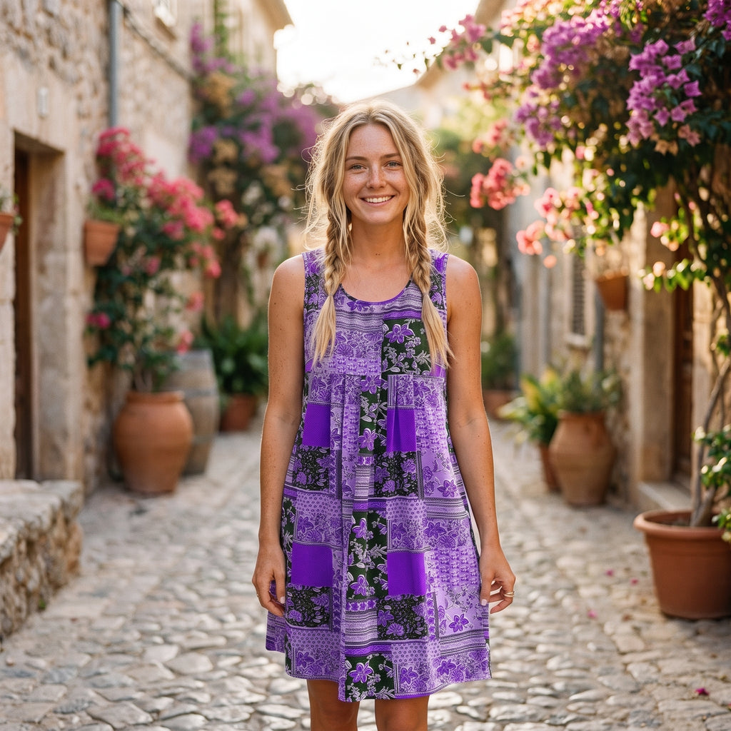 Robe tunique courte bohème patchwork violette portée par un modèle souriant