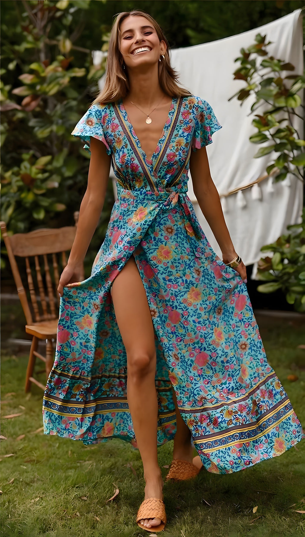 Robe longue hippie turquoise portée femme souriante jardin
