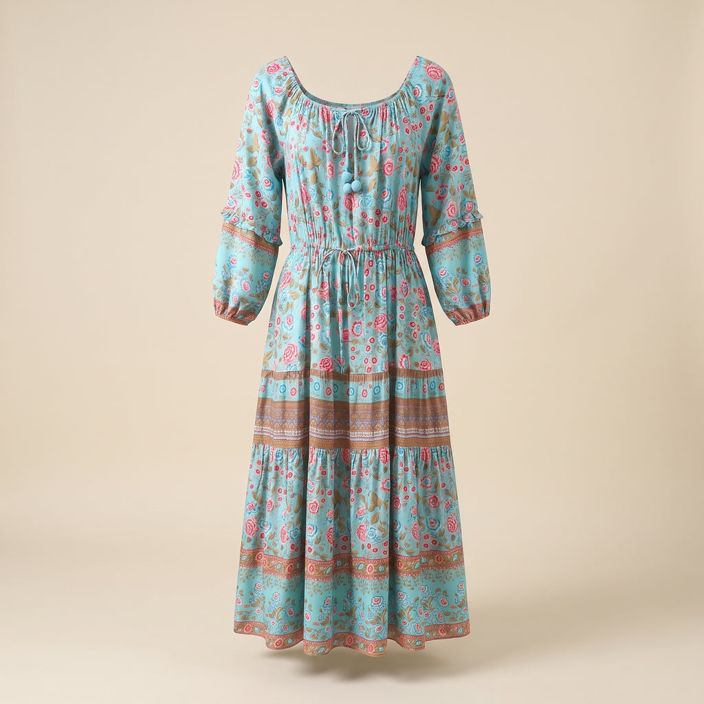 Robe à fleurs bohème col bardot sur mannequin invisible, fond studio écru
