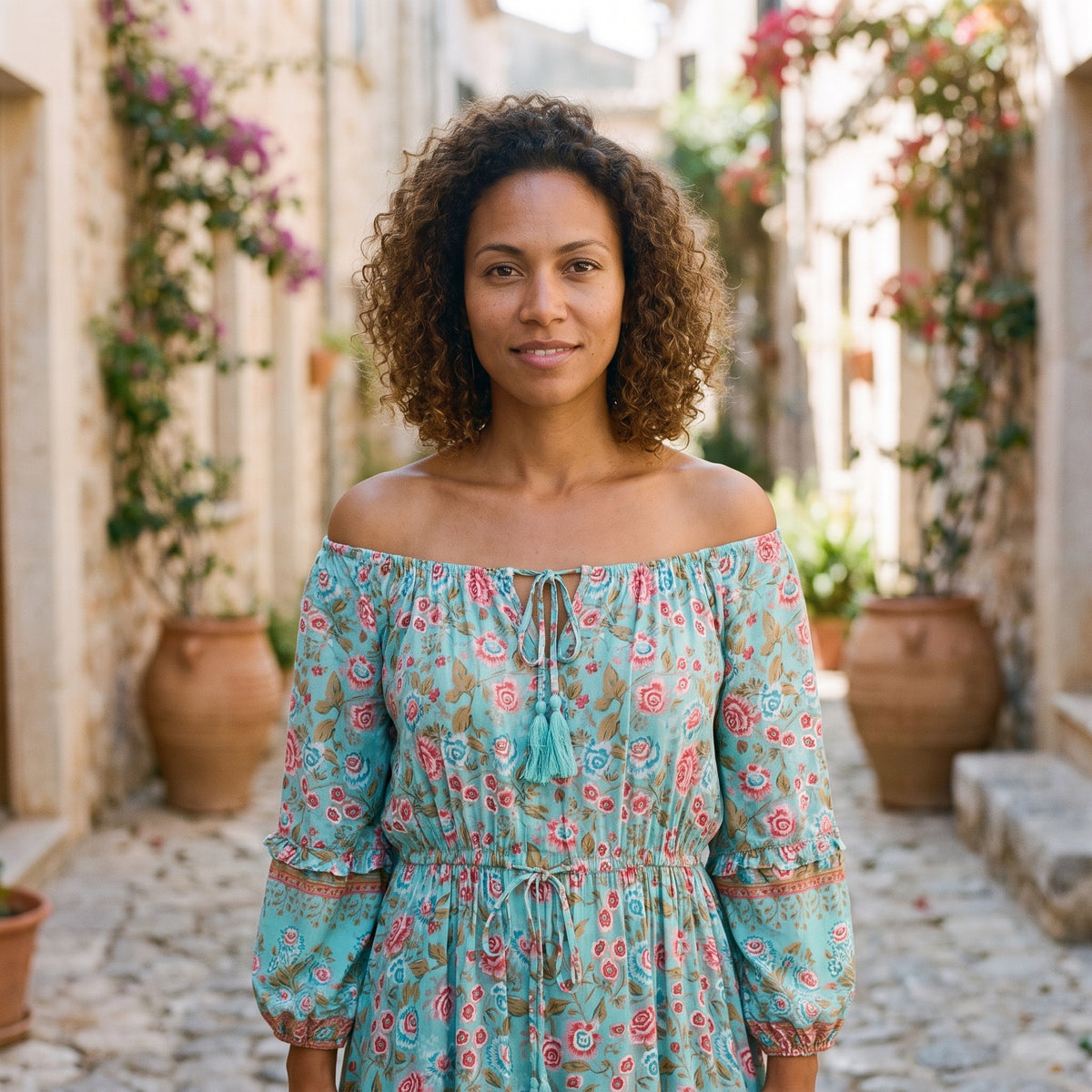 Modèle souriante portant la robe à fleurs bohème longue, ruelle méditerranéenne pavée