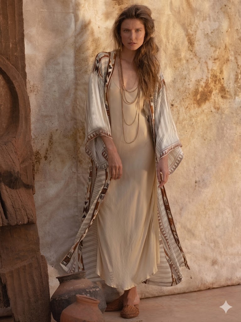 Kimono Long Hippie Imprimé Aztèque, Taille Unique