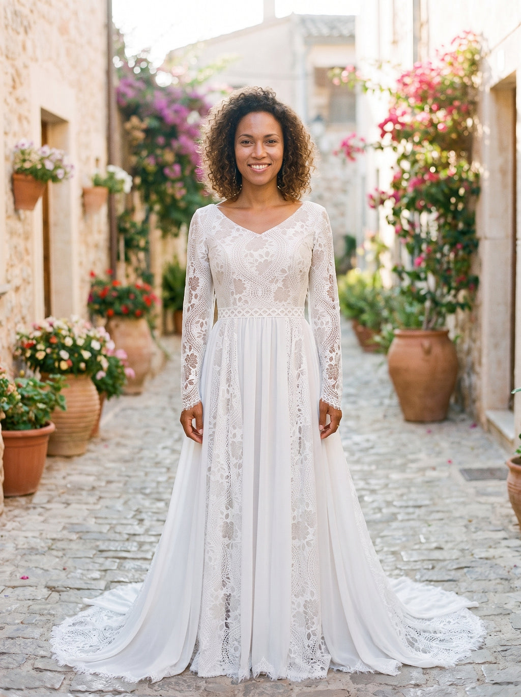 Modèle femme_2 souriante portant la robe de mariée bohème en dentelle dans une ruelle méditerranéenne
