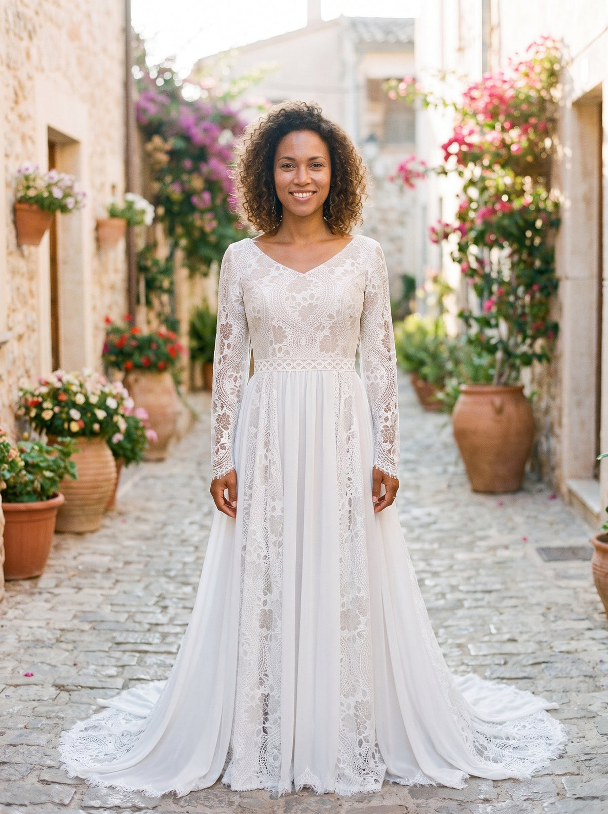 Modèle femme_2 souriante portant la robe de mariée bohème en dentelle dans une ruelle méditerranéenne