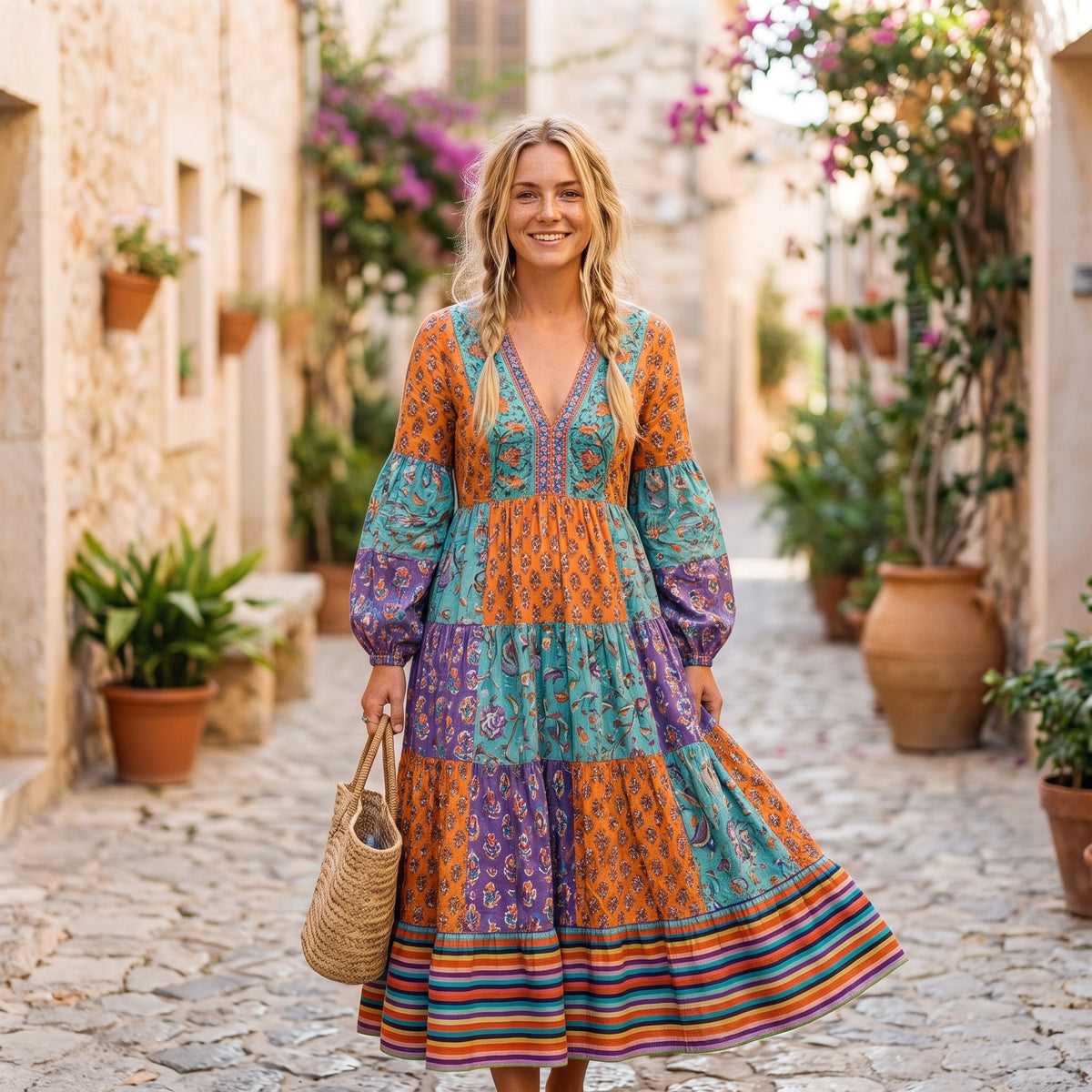 Robe longue bohème patchwork portée par un modèle souriant
