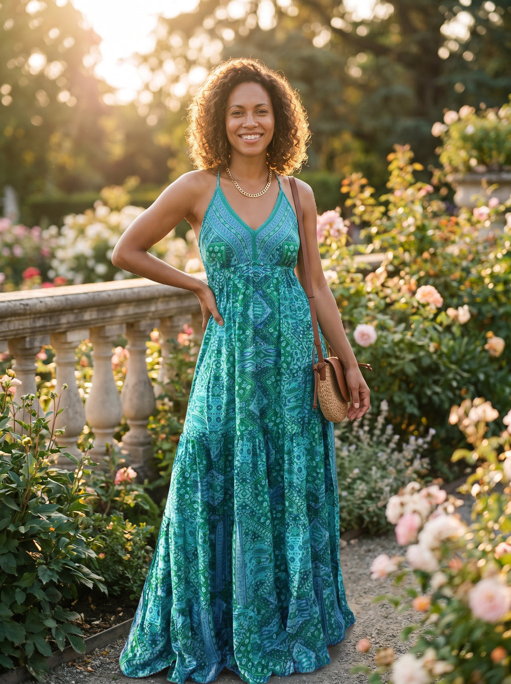 Modèle robe ethnique bleu, jardin