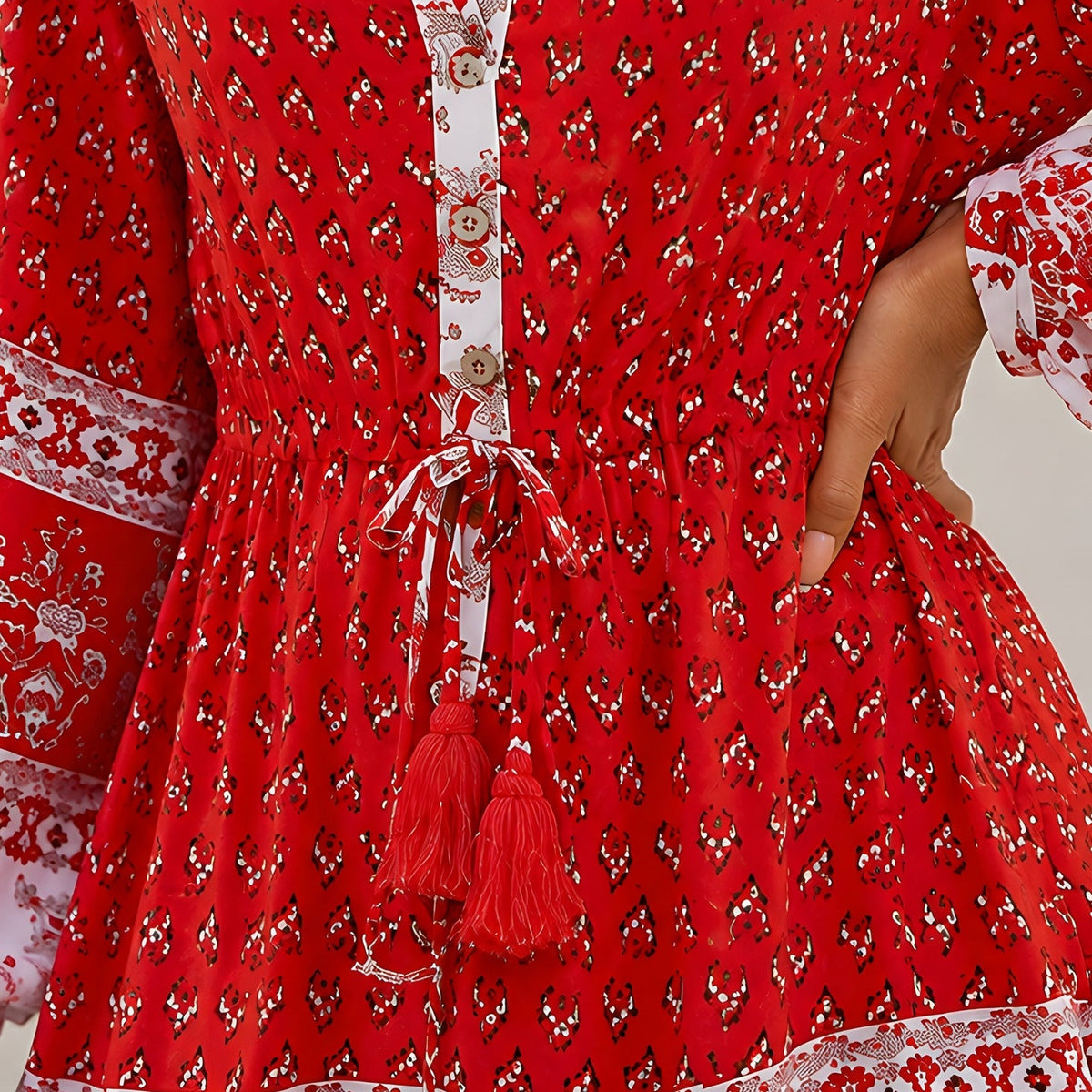 Gros plan de l'imprimé fleuri, des frises paisley et des pompons