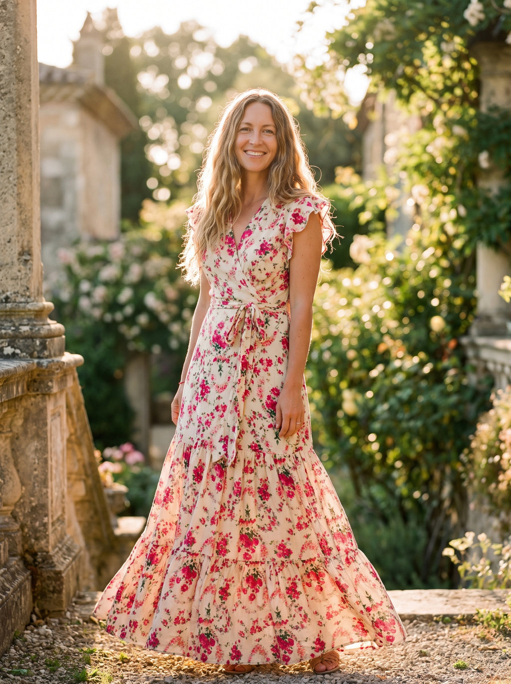Modèle robe fleurie rose, jardin