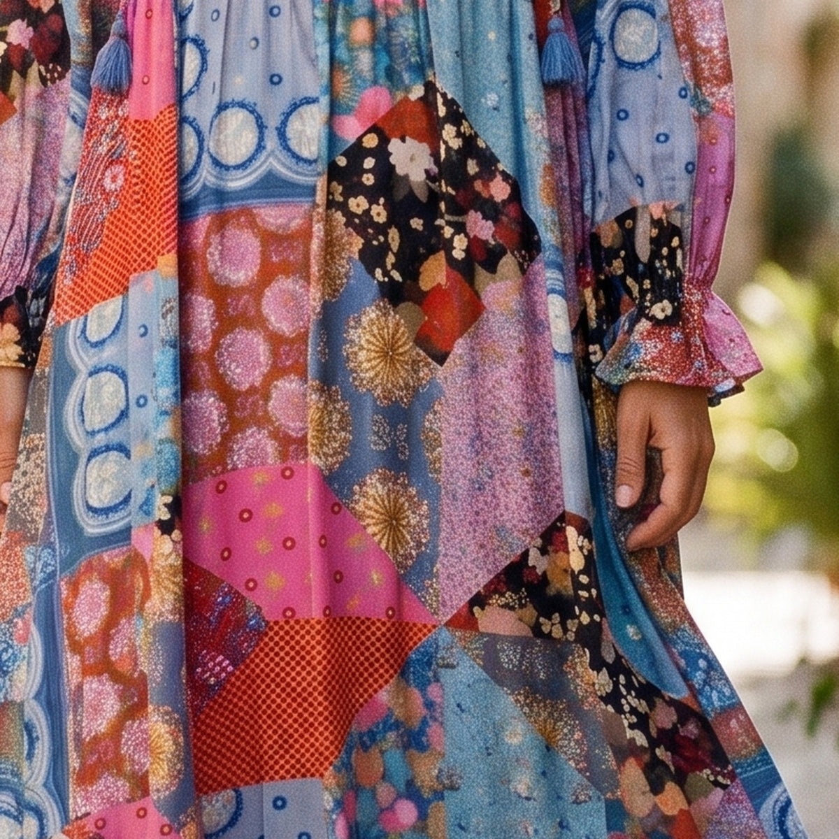 Gros plan de l'imprimé patchwork floral multicolore de la robe