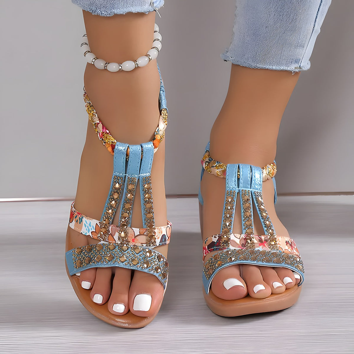 Sandales bohème bleu portées