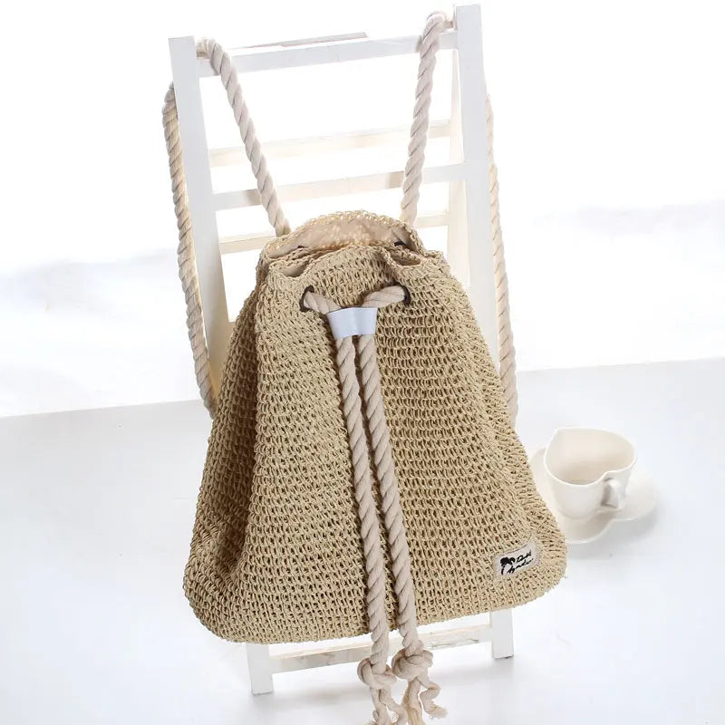 Sac à Dos Hippie en Paille Tressée, Sac Seau