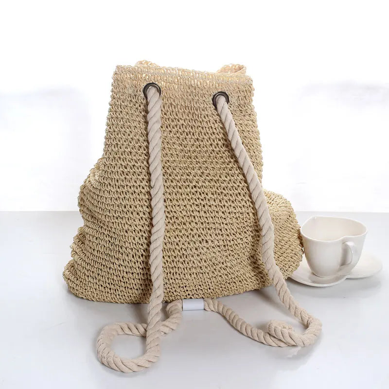 Sac à Dos Hippie en Paille Tressée, Sac Seau