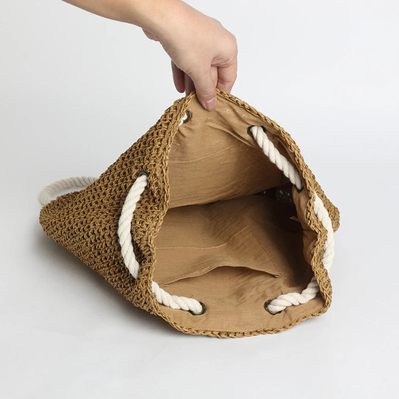 Sac à Dos Hippie en Paille Tressée, Sac Seau