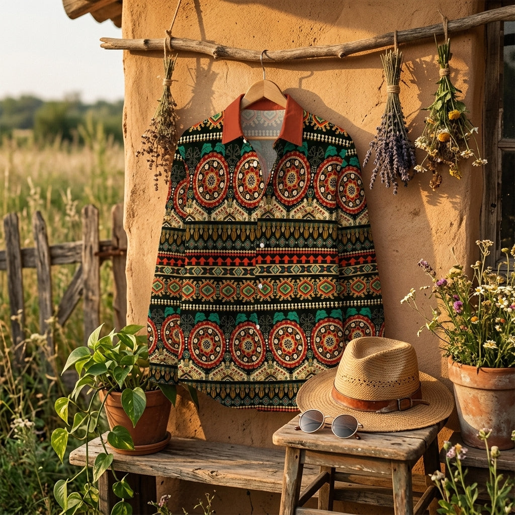 Chemise hippie année 70 mise en scène bohème, chapeau et lunettes rondes Image