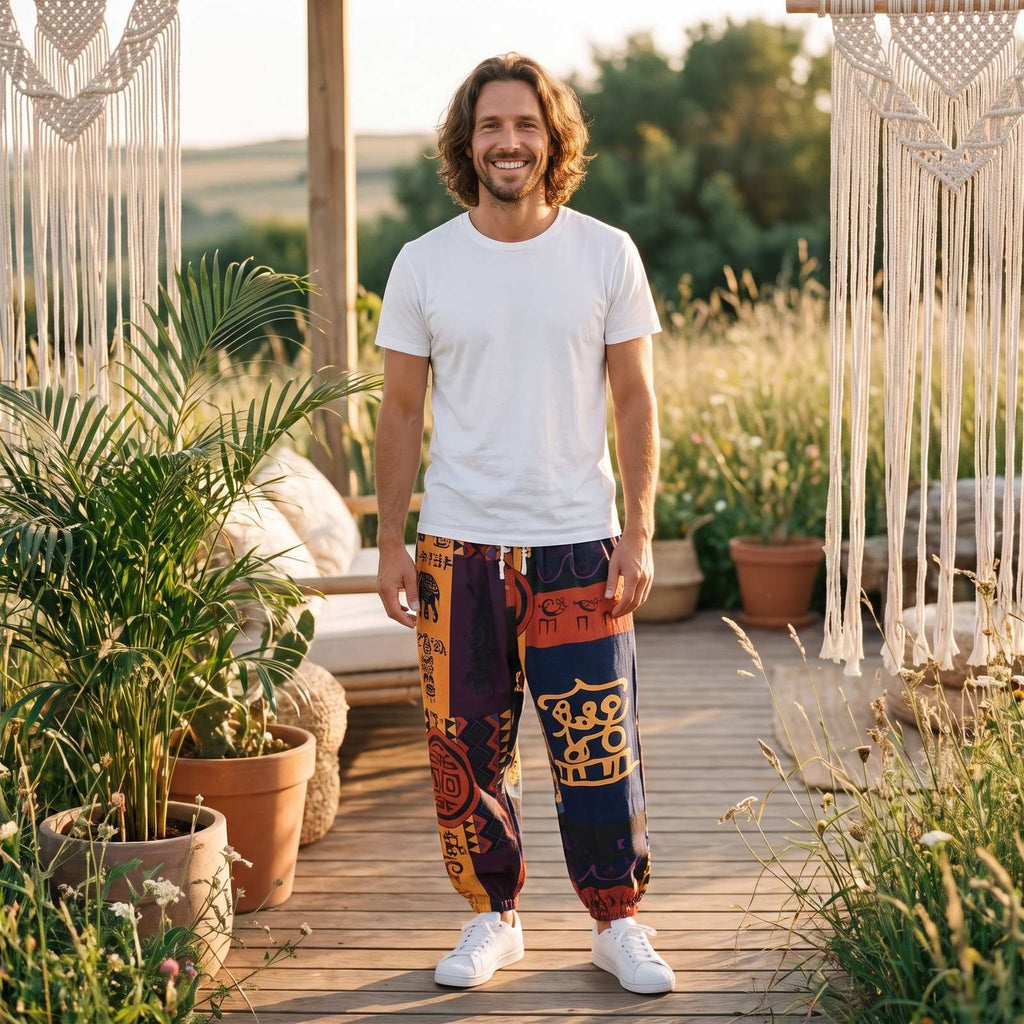 Pantalon hippie chic homme motif ethnique bleu tribal, porté plein pied par un homme souriant, ambiance bohème golden hour