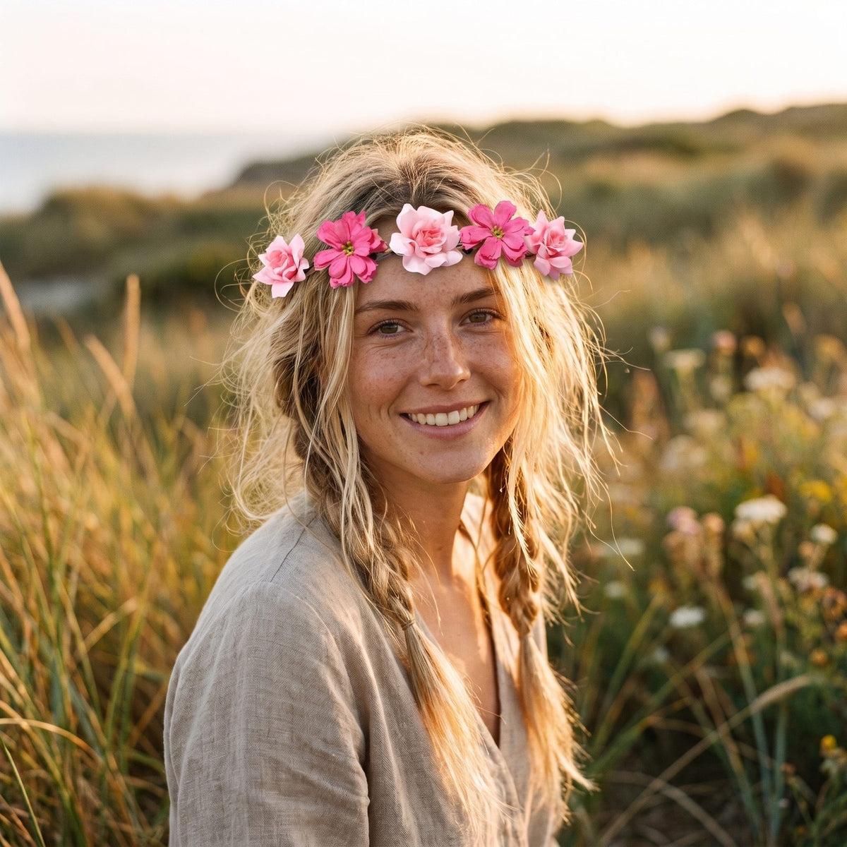 Bandeau fleur hippie couronne rose porté femme souriante de face