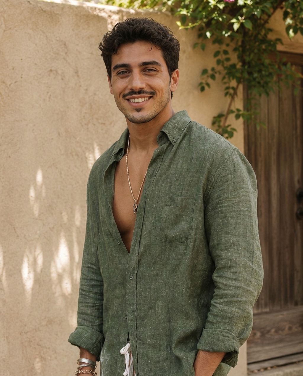 Chemise hippie homme en lin kaki portée, modèle souriant en extérieur bohème