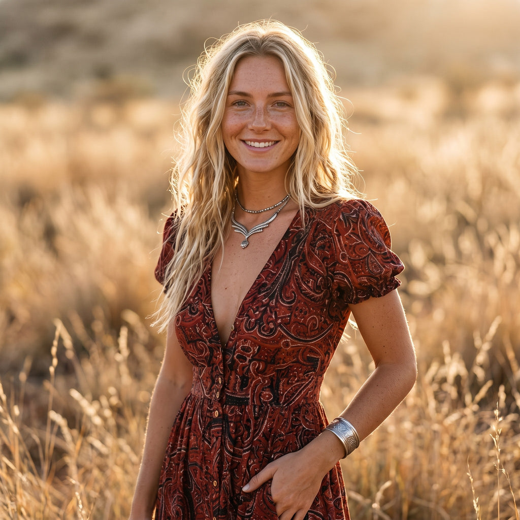 Tenue Hippie Sexy robe bohème paisley bordeaux portée souriante