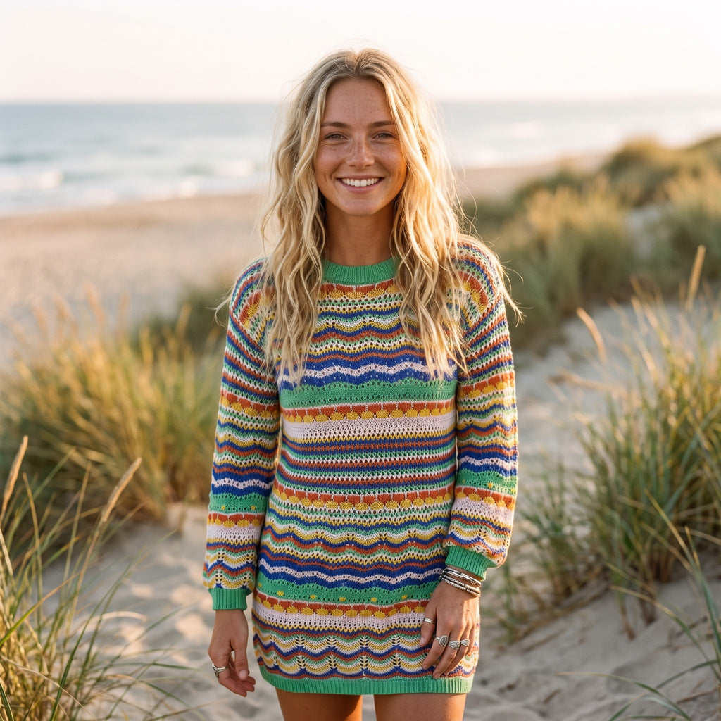 Robe pull hippie maille ajourée arc-en-ciel portée souriante bord de mer