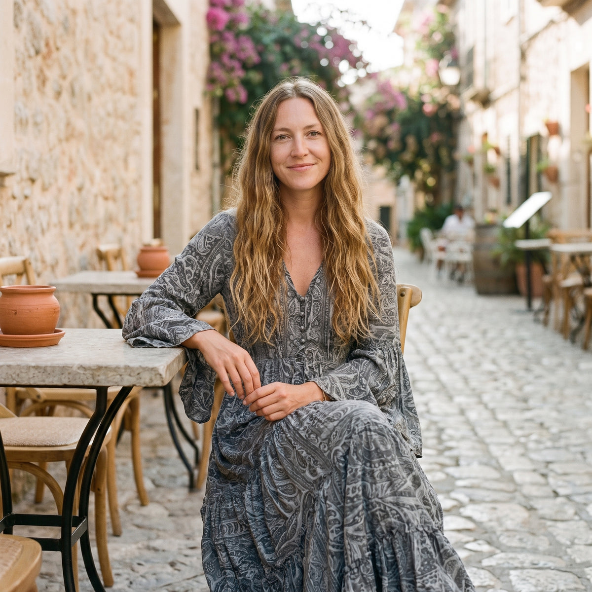 Modèle en terrasse robe paisley gris lifestyle