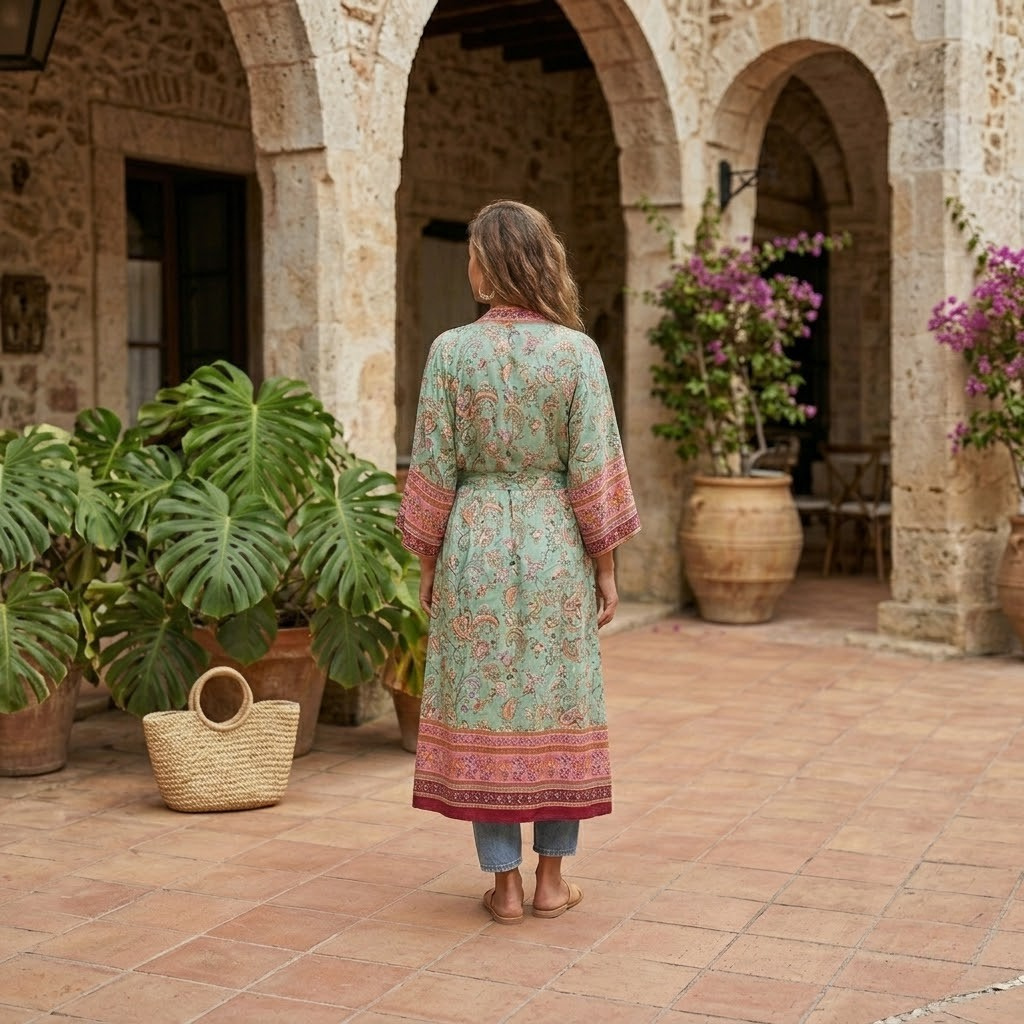 Kimono Long Hippie Femme, Imprimé Floral