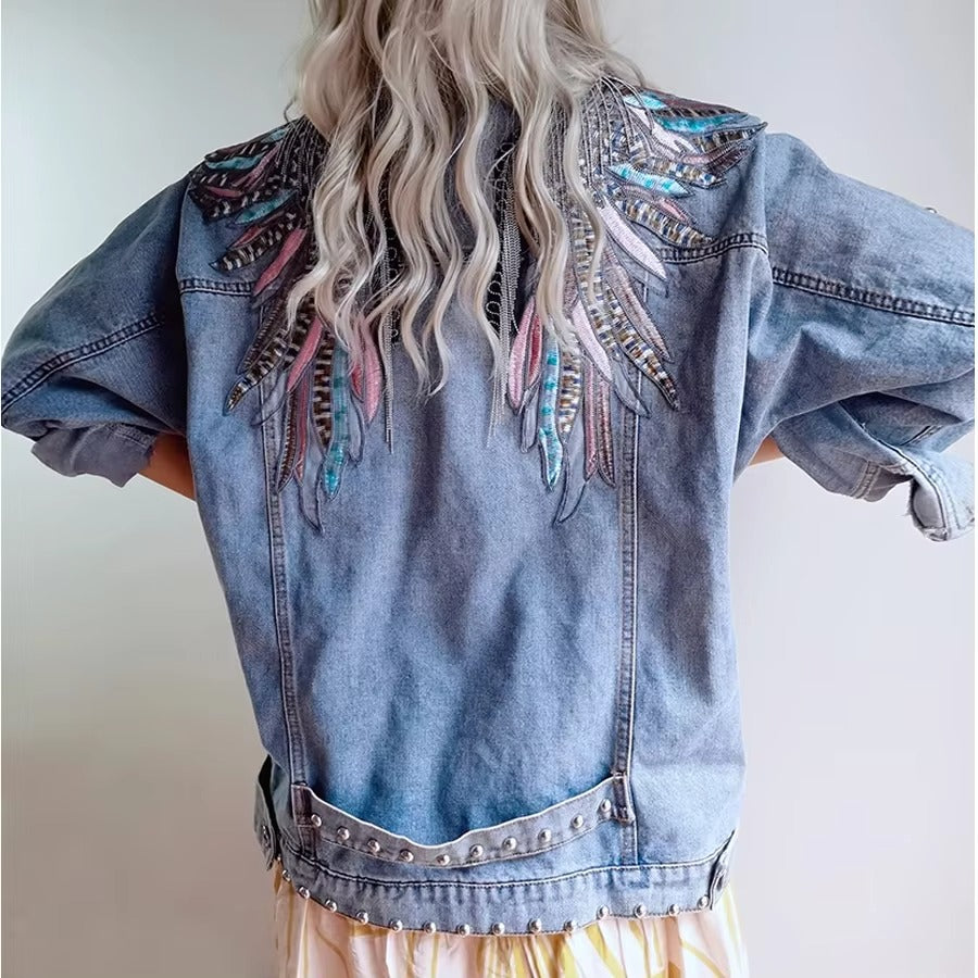 Veste en Jean Bohème à Ailes Brodées