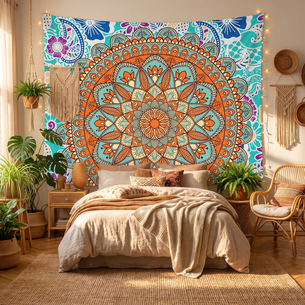 Tenture Fleur de Vie mandala turquoise et orange au-dessus d'un lit bohème