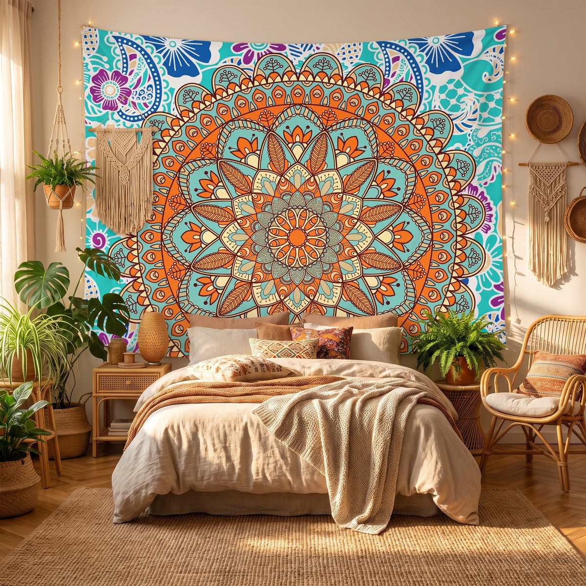 Tenture Fleur de Vie mandala turquoise et orange au-dessus d'un lit bohème