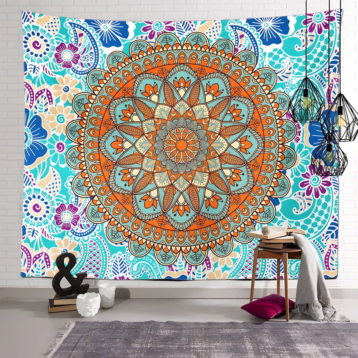 Tenture murale Fleur de Vie mandala accrochee sur un mur bohème