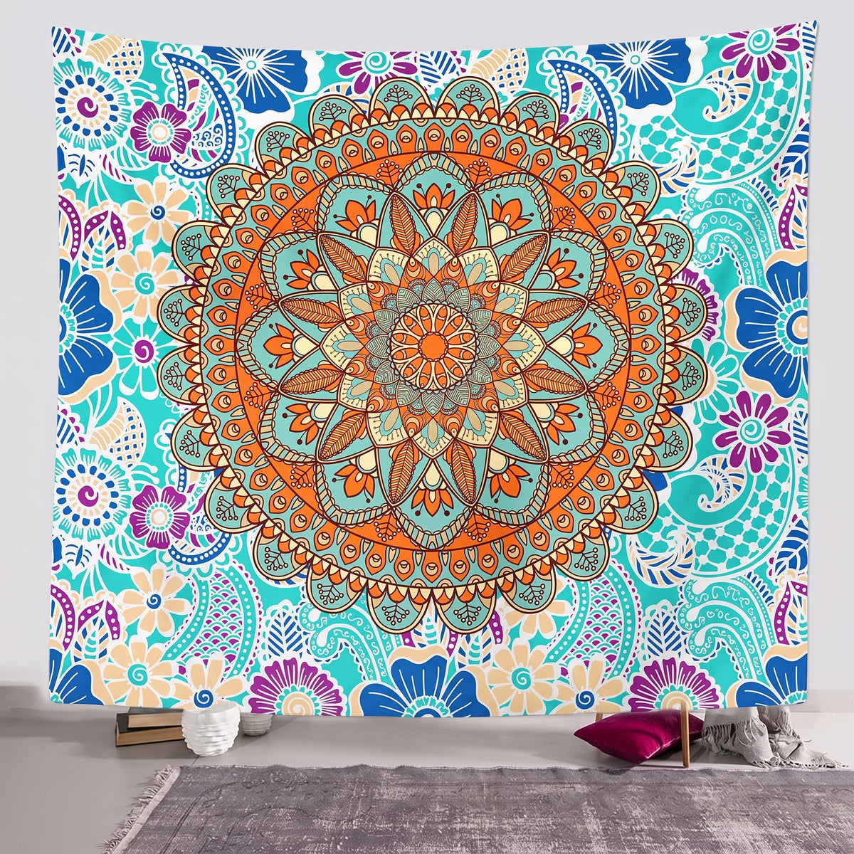 Tenture Fleur de Vie mandala turquoise et orange, motif complet