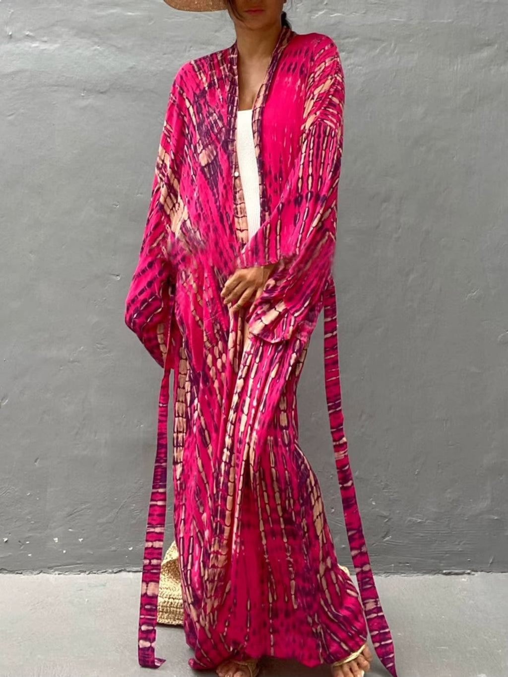 Kimono Long Bohème Imprimé Tie-Dye Fuchsia