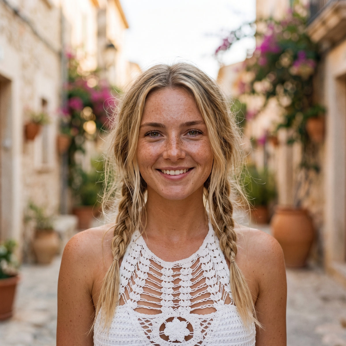Modèle femme_3 souriante portant le crop top blanc au crochet ajouré dans une ruelle méditerranéenne