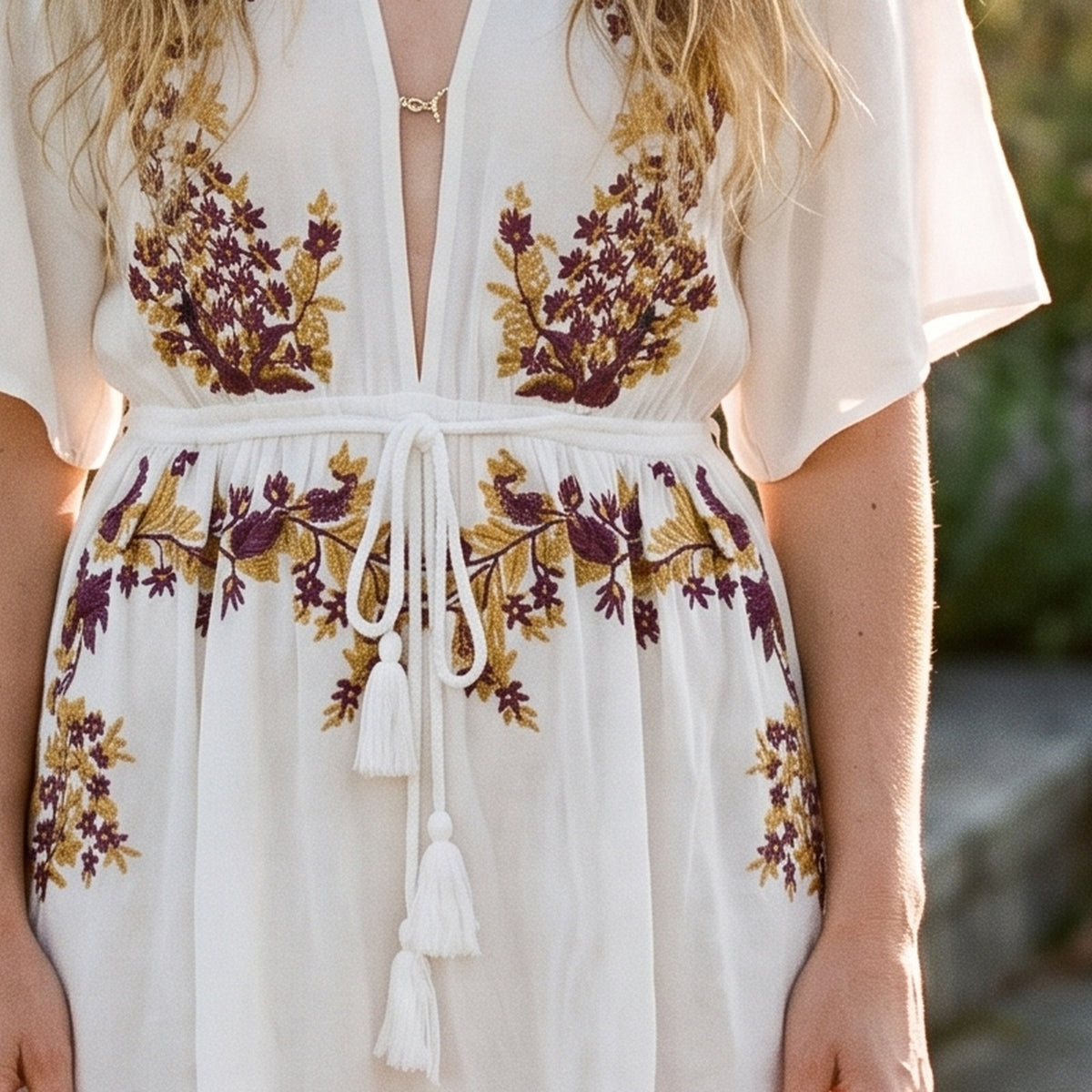 Gros plan de la broderie florale ocre et prune de la tunique