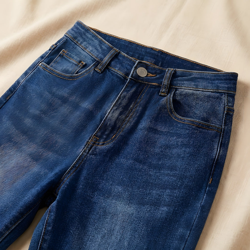 Pantalon patte d'eph bleufonce, détail matière taille haute