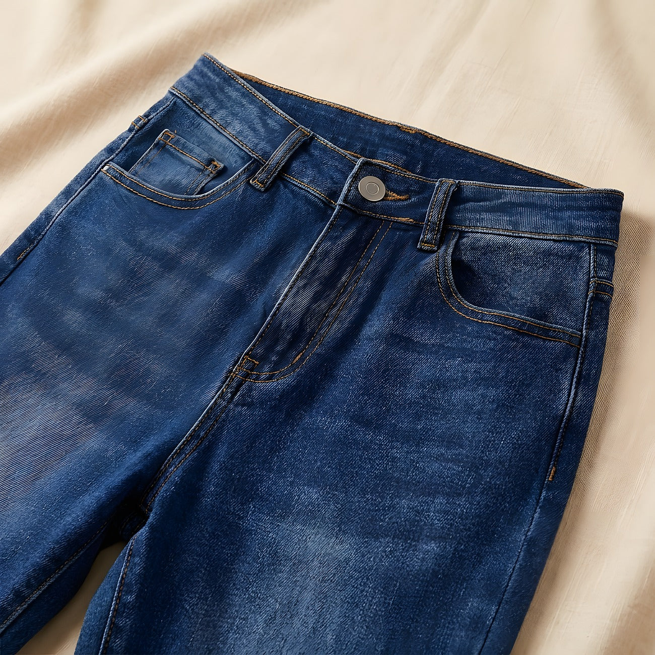 Pantalon patte d'eph bleufonce, détail matière taille haute Image