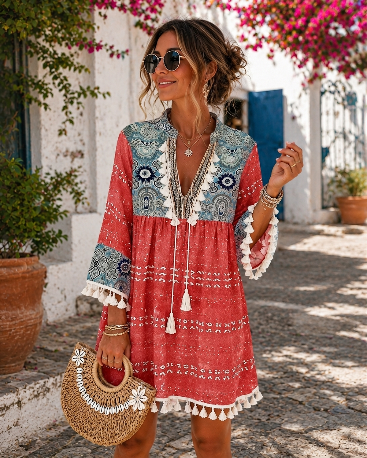 Tenue hippie chic femme, robe bohème courte à pompons et imprimé patchwork