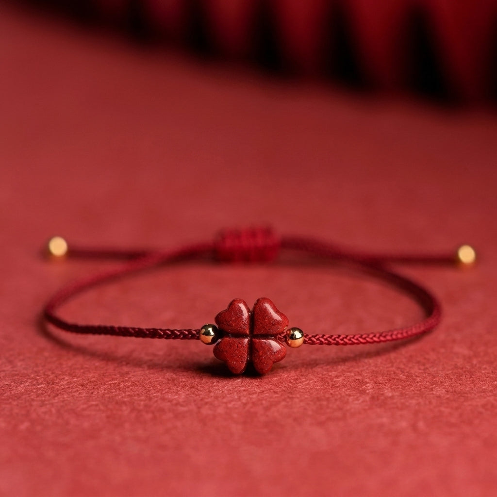 Bracelet cordon bordeaux trèfle cinabre