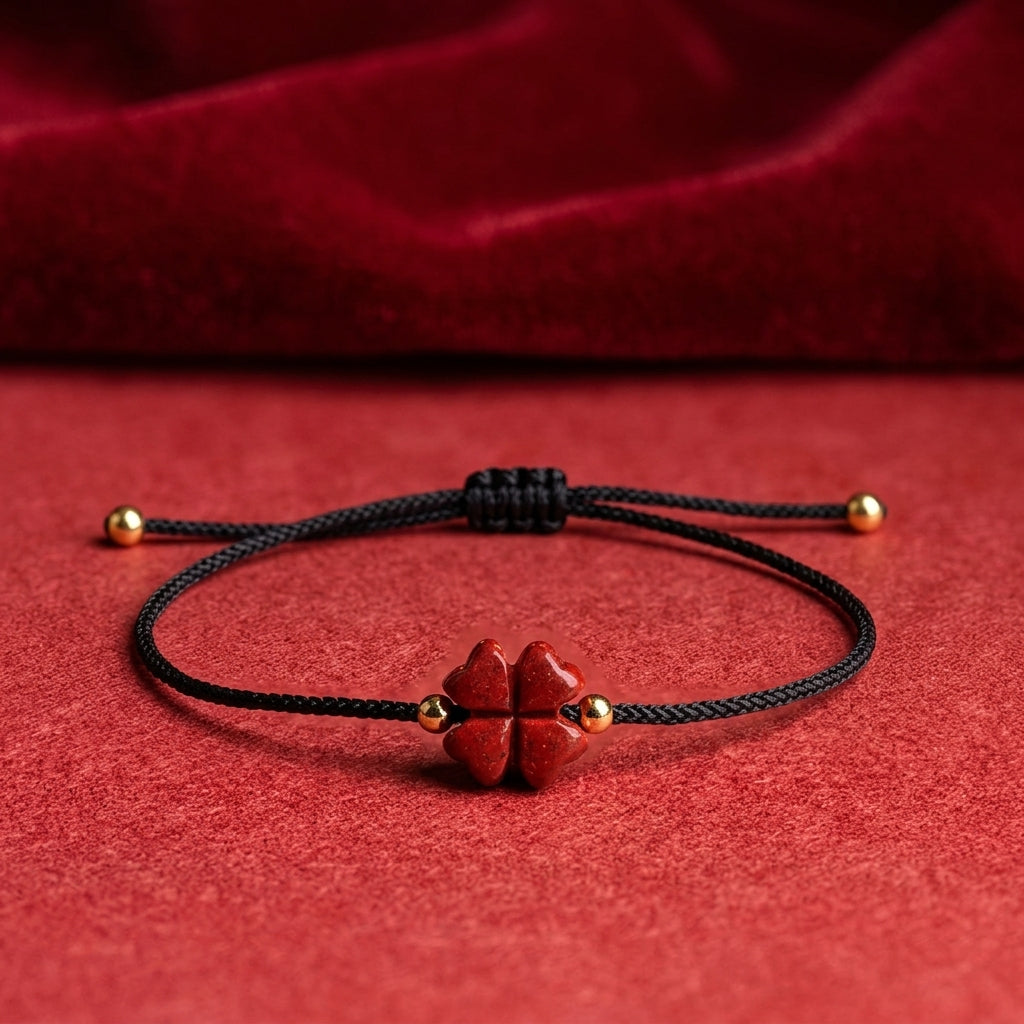 Bracelet cordon noir trèfle cinabre porte-bonheur