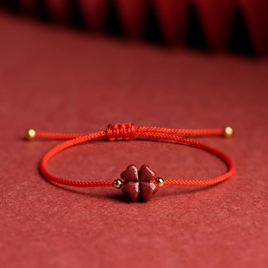 Bracelet cordon rouge trèfle cinabre porte-bonheur