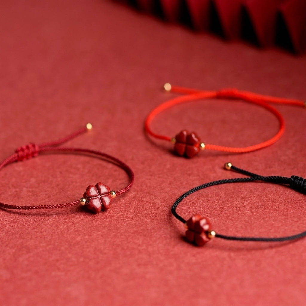 Trois bracelets cinabre trèfle sur fond bohème